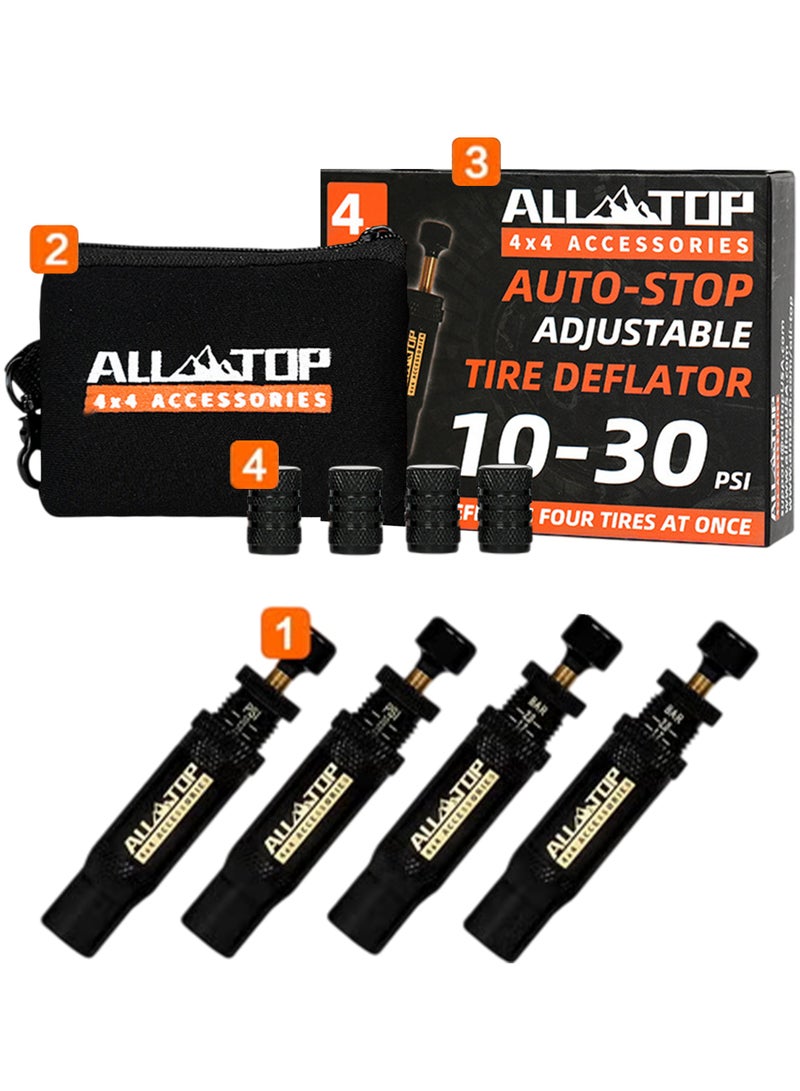 ALL-TOP Adjustable Auto-Stop Tire Deflator Valve Kit, 10-30 PSI, 4 Pcs, Heavy Duty Brass & Stainless Steel, Offroad Air Down Tool for 4x4, SUV, Truck, Desert Sand Driving - Image 1
