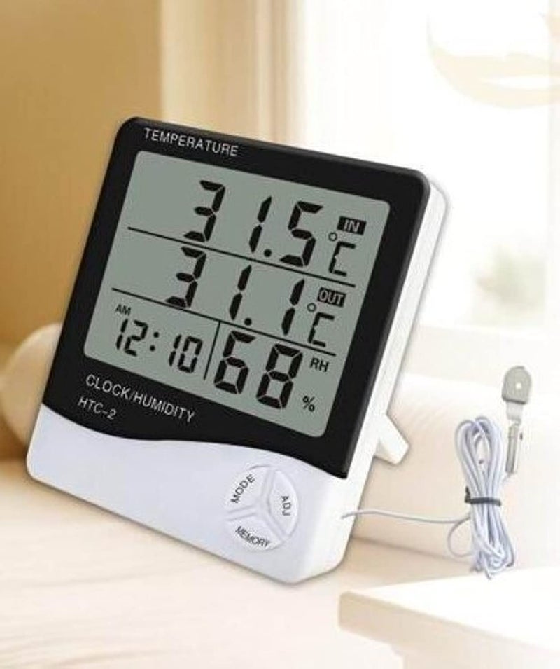 VelVeeta HTC-2 Plastic Digital Indoor Cum Outdoor Thermo-Hygrometer with Temperature Humidity Meter Tester and Clock (White) - Image 2