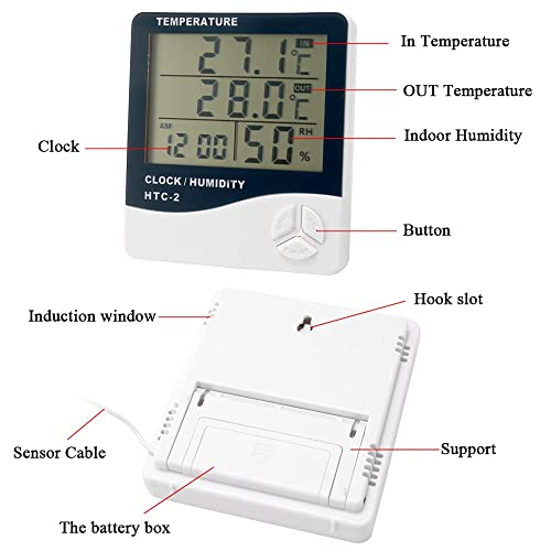 VelVeeta HTC-2 Plastic Digital Indoor Cum Outdoor Thermo-Hygrometer with Temperature Humidity Meter Tester and Clock (White) - Image 4