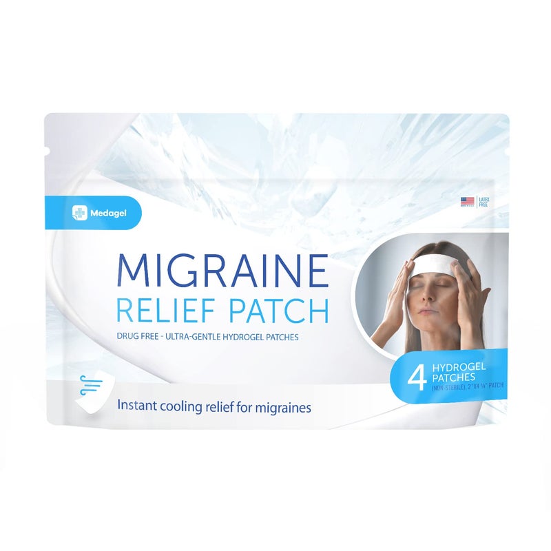 Medagel Migraine Relief Patch Cooling Patches for Migraine Fever Hormone Headaches Mess OdorFree Hydrogel Cooling Made in The USA 1 Pack 4 x Patches White - Image 1