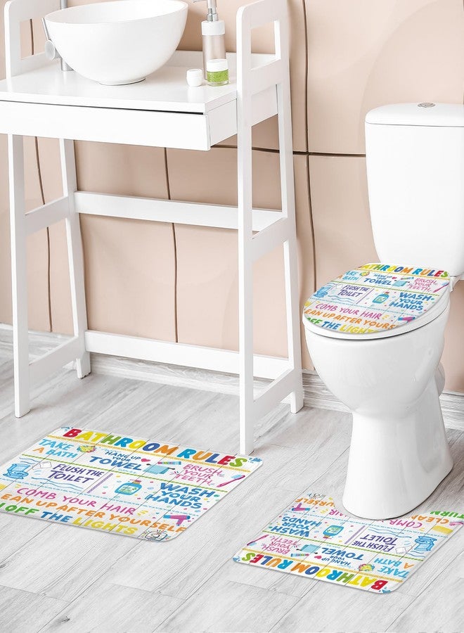Riyidecor Funny Bathroom Rules 4Pcs Bathroom Shower Curtain Sets Colorful Cartoon Quotes Kids Bathroom Decor Set with Rugs and Accessories Wooden Toilet Lid Rug, Contour and Bath Mat with 12 Hooks - Image 2