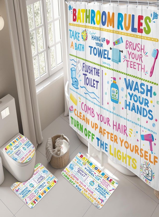 Riyidecor Funny Bathroom Rules 4Pcs Bathroom Shower Curtain Sets Colorful Cartoon Quotes Kids Bathroom Decor Set with Rugs and Accessories Wooden Toilet Lid Rug, Contour and Bath Mat with 12 Hooks - Image 3