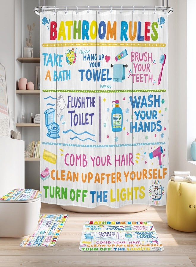 Riyidecor Funny Bathroom Rules 4Pcs Bathroom Shower Curtain Sets Colorful Cartoon Quotes Kids Bathroom Decor Set with Rugs and Accessories Wooden Toilet Lid Rug, Contour and Bath Mat with 12 Hooks - Image 1