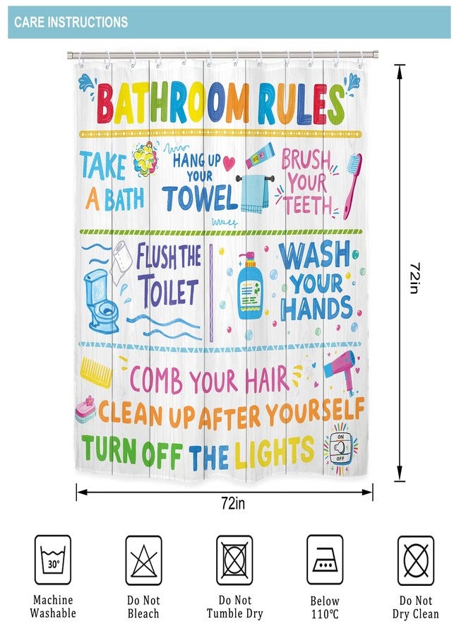 Riyidecor Funny Bathroom Rules 4Pcs Bathroom Shower Curtain Sets Colorful Cartoon Quotes Kids Bathroom Decor Set with Rugs and Accessories Wooden Toilet Lid Rug, Contour and Bath Mat with 12 Hooks - Image 4