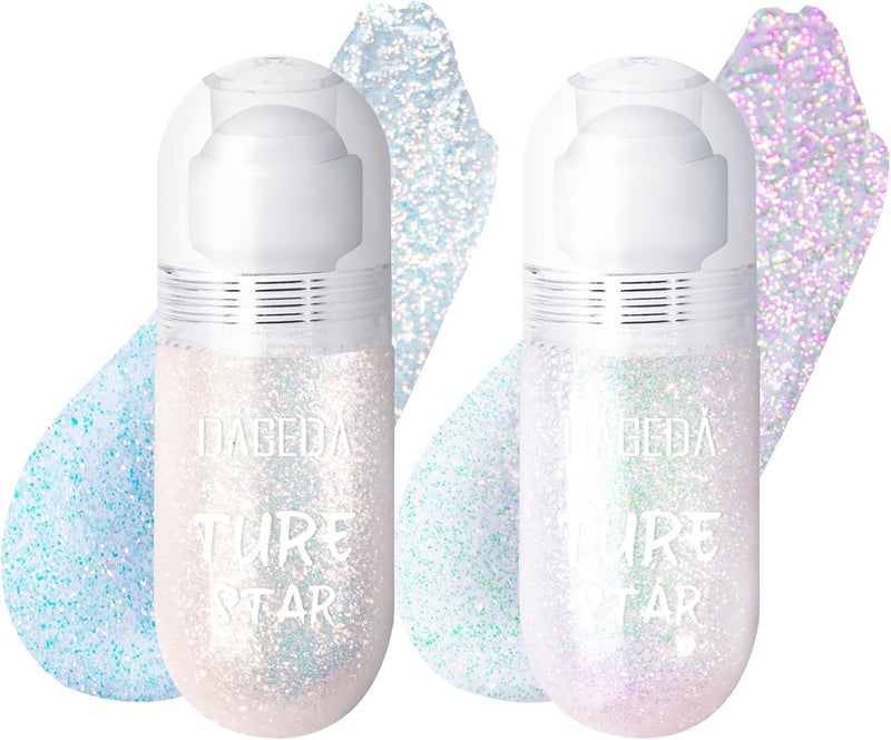 DAGEDA 2Colors Roll-on Body Glitter Gel for Body, Hair, Face, Holographic Glitter Makeup for Rave Accessories, Body Shimmer Hair Glitter Gel for Halloween Makeup(Galaxy Blue+Sparkling Pink)