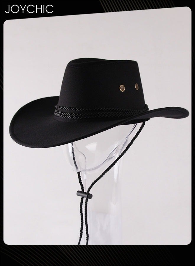 Joychic Classic Wide Brim Sun Protection Western Cowboy Style Hat with Adjustable Drawstring for Men Women Outdoor Travel Camping Black - Image 1