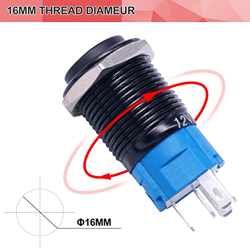 Twidec/16MM Raised Speaker Horn Momentary Push Button Switch 5/8" Mounting Hole 12V Red Led Light Black Stainless Steel Shell 1NO 1NC SPDT with Pre-Wiring Wires Switch for Car Modification BKG16LB-R - Image 4