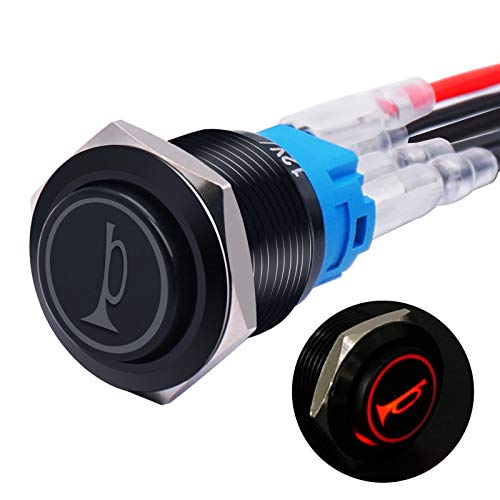 Twidec/16MM Raised Speaker Horn Momentary Push Button Switch 5/8" Mounting Hole 12V Red Led Light Black Stainless Steel Shell 1NO 1NC SPDT with Pre-Wiring Wires Switch for Car Modification BKG16LB-R - Image 1