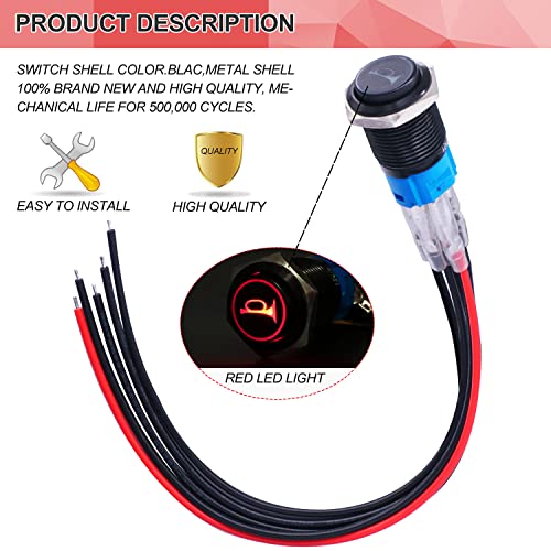 Twidec/16MM Raised Speaker Horn Momentary Push Button Switch 5/8" Mounting Hole 12V Red Led Light Black Stainless Steel Shell 1NO 1NC SPDT with Pre-Wiring Wires Switch for Car Modification BKG16LB-R - Image 5