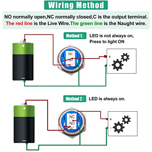Twidec/16MM Raised Speaker Horn Momentary Push Button Switch 5/8" Mounting Hole 12V Red Led Light Black Stainless Steel Shell 1NO 1NC SPDT with Pre-Wiring Wires Switch for Car Modification BKG16LB-R - Image 2