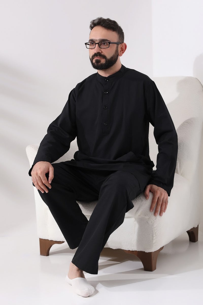 İhvan Online ملابس الحج والعمرة للرجال من احواان اونلاين بدلة افغانية مزدوجة من الأسفل والأعلى باللون الأسود  - Image 5