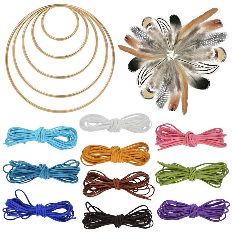 Nydotd 125Pcs Dream Catcher Making Kit, 15 Pcs Metal Rings Hoops Macrame Ring in 5 Size Gold, 100pcs 6 Styled Feathers, 10 Pcs 3 mm Faux Suede Cord for Dream Catcher Crafts Birthday Party - Image 1