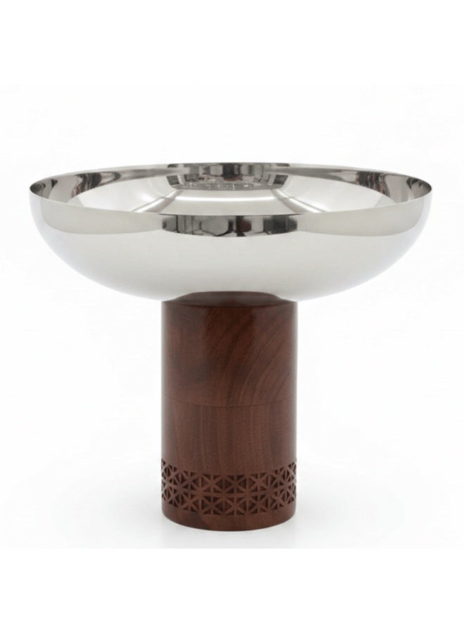 AKDC Luhpar Brown Wooden Footed Silver Stainless Steel Bowl - 21x26cm - Image 1