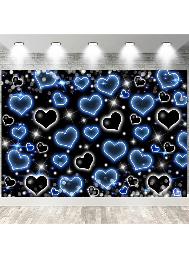 Withu Black Blue Heart Early 2000s Backdrop Old School Love Valentines Day 90s Glitter Stars Newborn Baby Shower Birthday Party Portrait Photography Background Photo Booth Studio Banner 7x5ft - Image 1