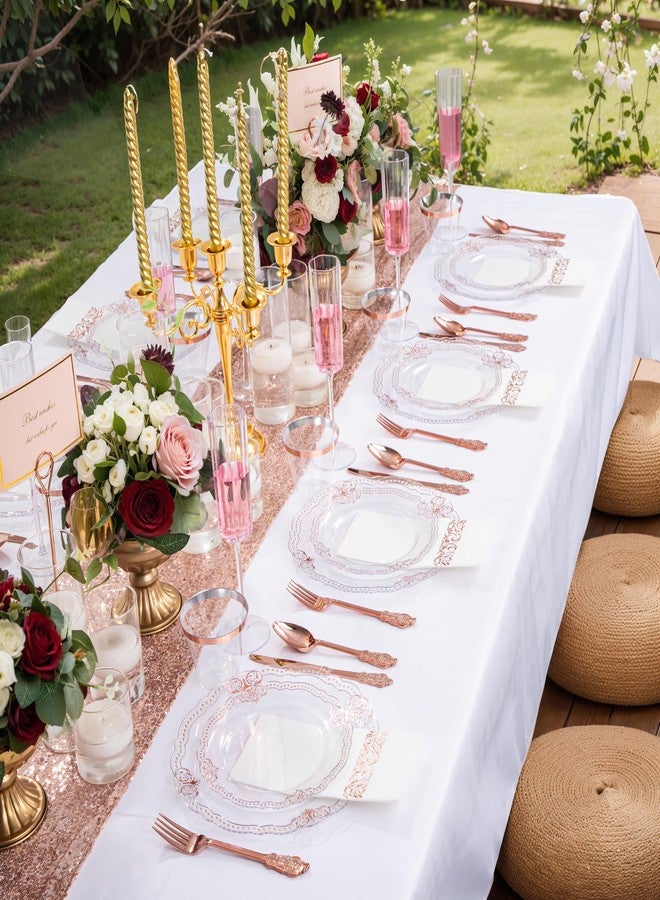 Ciaell 175 PCS Rose and Gold Plastic Plates - Fancy Rose Gold Disposable Dinnerware Set with of 50 Plates, 25 Knives, 25 Forks, 25 Spoons, 25 Cups, 25 Napkins for Wedding & Party - Image 4