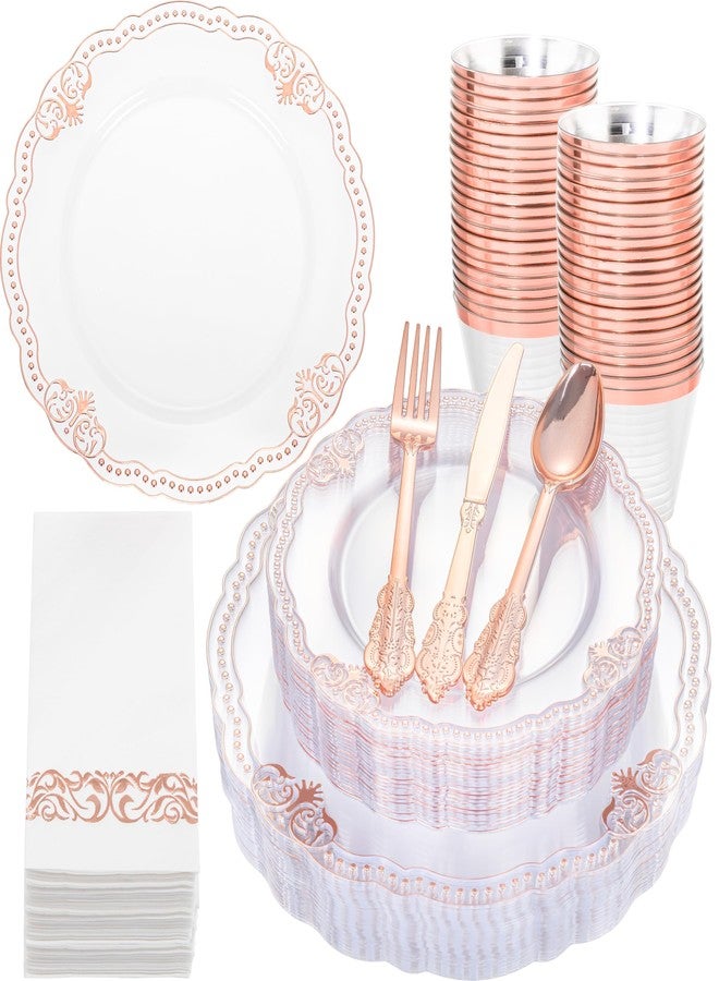 Ciaell 175 PCS Rose and Gold Plastic Plates - Fancy Rose Gold Disposable Dinnerware Set with of 50 Plates, 25 Knives, 25 Forks, 25 Spoons, 25 Cups, 25 Napkins for Wedding & Party - Image 1