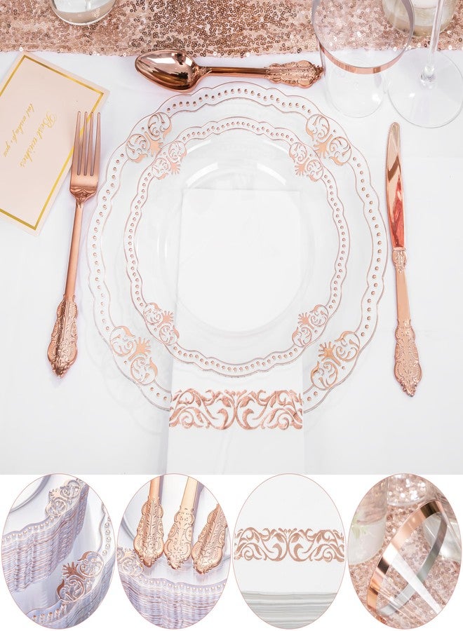 Ciaell 175 PCS Rose and Gold Plastic Plates - Fancy Rose Gold Disposable Dinnerware Set with of 50 Plates, 25 Knives, 25 Forks, 25 Spoons, 25 Cups, 25 Napkins for Wedding & Party - Image 3