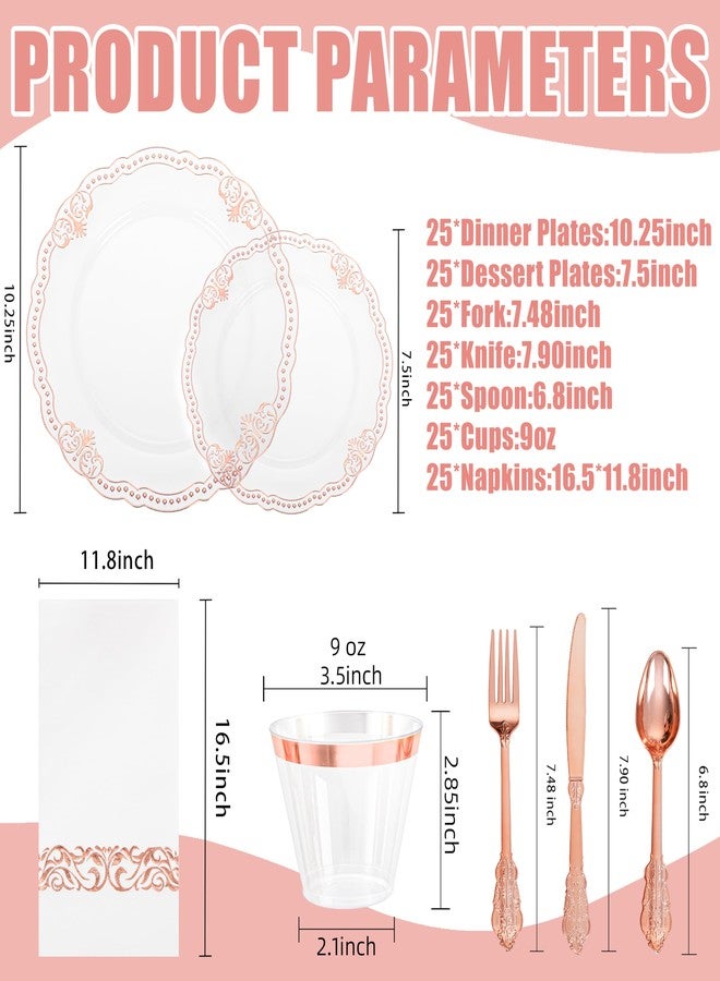 Ciaell 175 PCS Rose and Gold Plastic Plates - Fancy Rose Gold Disposable Dinnerware Set with of 50 Plates, 25 Knives, 25 Forks, 25 Spoons, 25 Cups, 25 Napkins for Wedding & Party - Image 2