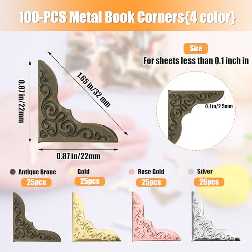 Olldag 100 PCS Metal Book Corners, Vintage Book Corner Protectors, Iron Corner Guard Edge Decorative for Scrapbook Photo Album Diary Cover Menus Folder (Antique Bronze+Silver+Gold+Rose Gold) - Image 2
