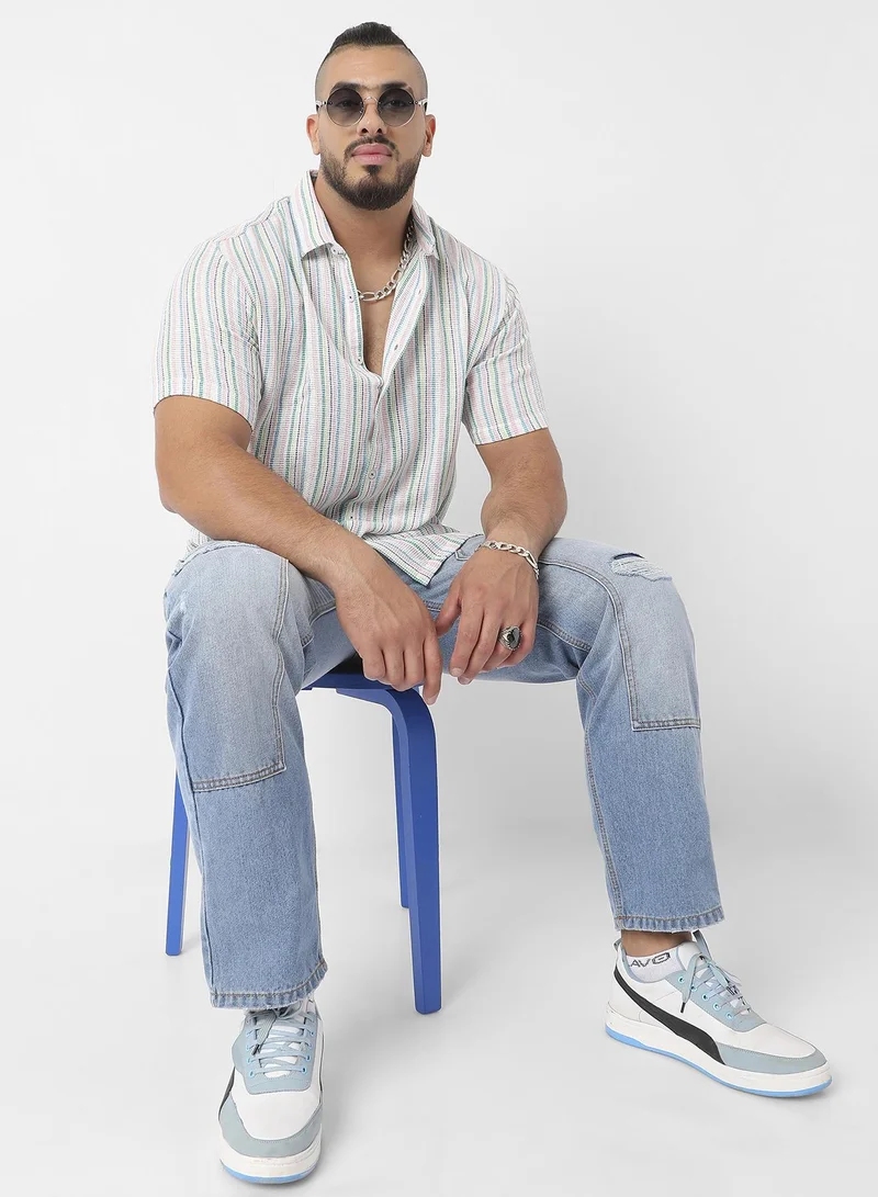 Instafab Plus Men's Pink & Green Unbalanced Striped Woven Shirt