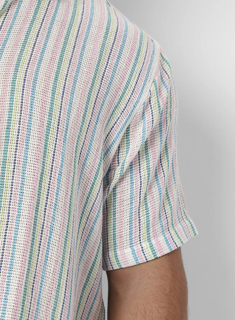 Instafab Plus Men's Pink & Green Unbalanced Striped Woven Shirt