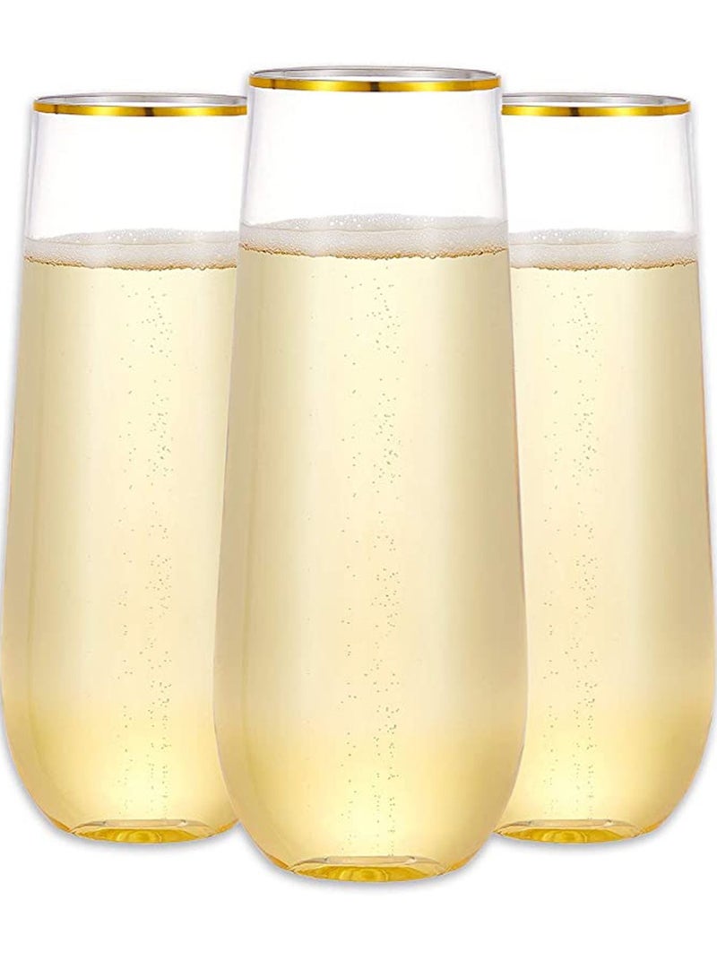 KASTWAVE Plastic Champagne Flutes, 270 ml Stemless Disposable Gold Rim Glasses Shatterproof Reusable Perfect For Wedding & Party Birthday Cup 10 Pack - Image 1