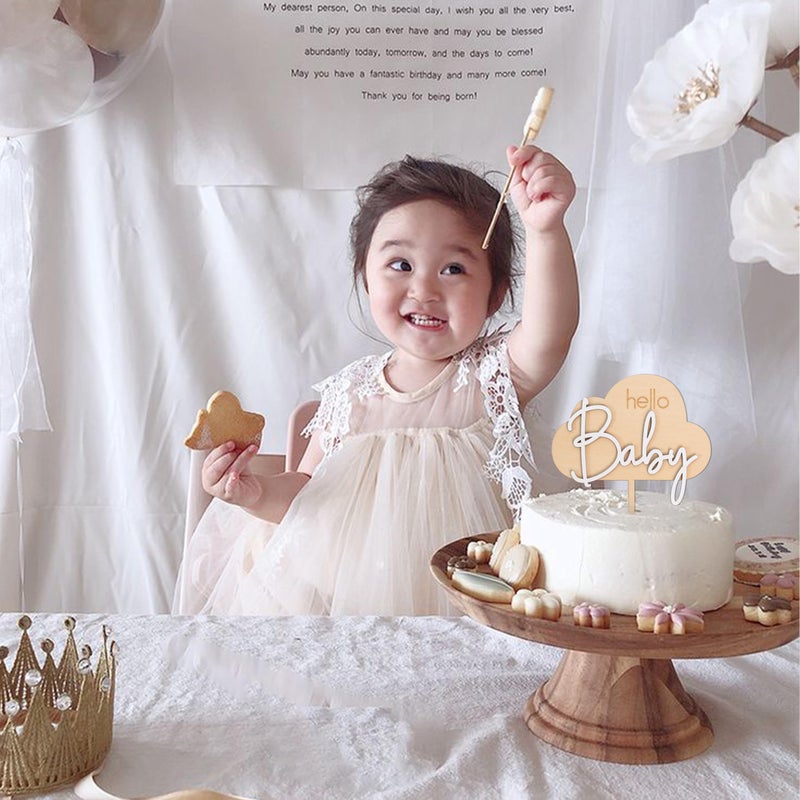 MUWEOL Hello Baby Wooden Cake Topper - Cloud Themed Baby Shower Party Cake Topper - Image 3