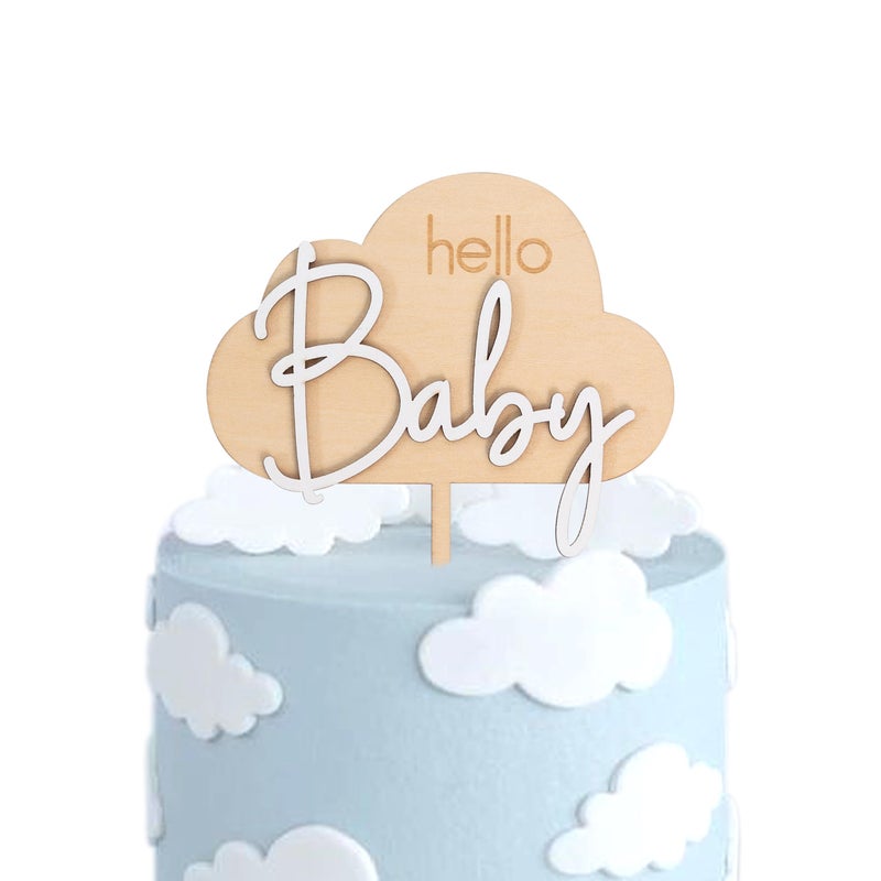 MUWEOL Hello Baby Wooden Cake Topper - Cloud Themed Baby Shower Party Cake Topper - Image 1
