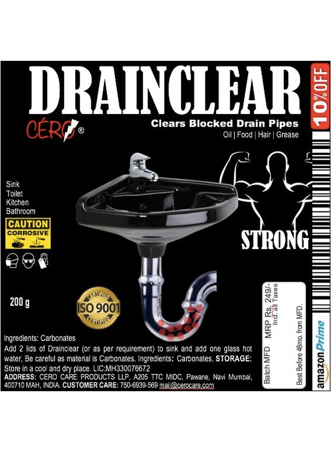 Cero ® Drainclear 1.45% Ww (Dry Powder) To Clear Clogged Drains, Sinks And Pipes (190G) - Image 2