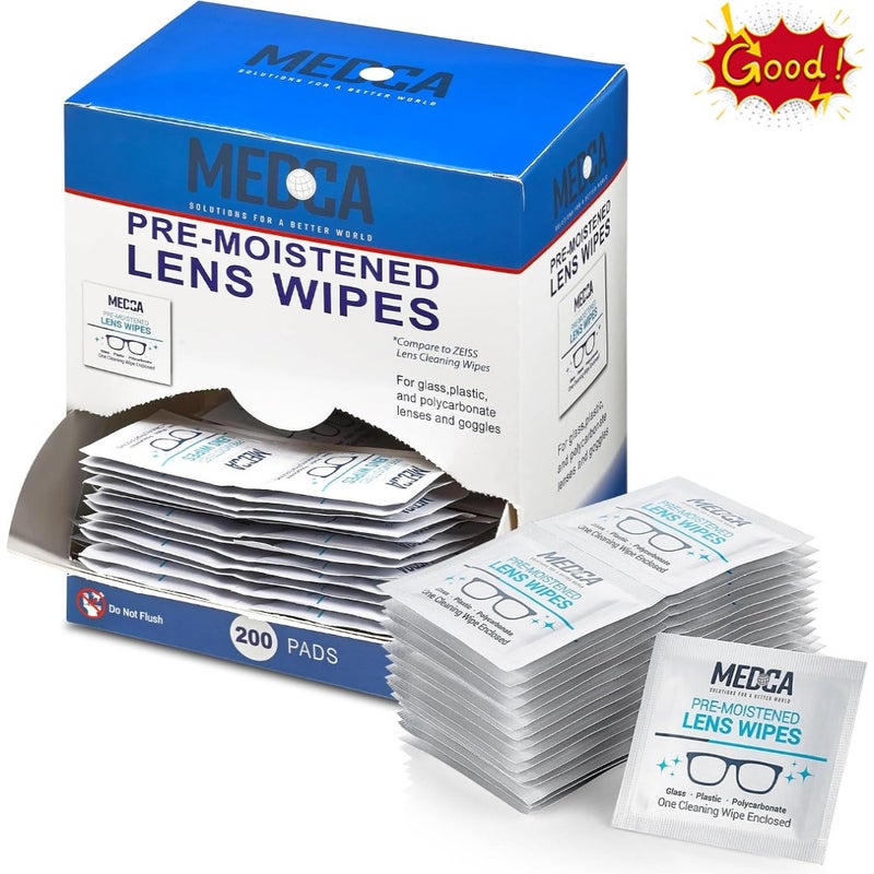 Premoistened Lens Glass Cleaning Wipes Portable Travel Cleaner for Glasses, Camera, Cell Phone, Smartphone, Tablet, Quick Drying, Streak Free Individually Wrapped, 200PK Packaging may vary - Image 1