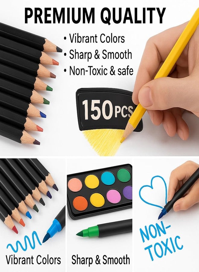 Hocimit Art & Craft Drawing Kit for Kids & Beginners | 150+ Pieces Colouring Set with Colour Pencils Sketch Pens Oil Pastels Crayons Water Colours | Portable Art Box for School & Gifting - Image 4