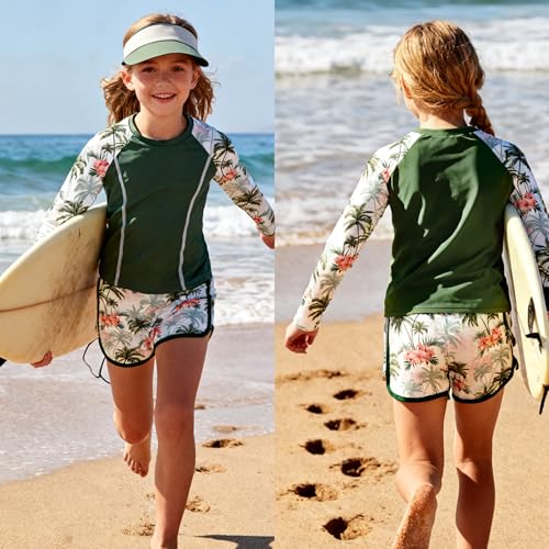 Vogseek Girls Bathing Suit with Rash Guard Long Sleeve Shirt Hawaiian Floral Swimming Suits for Girl Size 13-14 Swim Set - Image 5