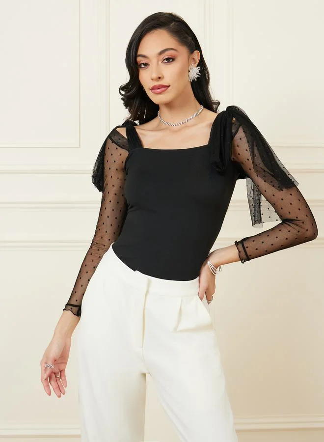 ستايلي Polka Sheer Sleeve Fringe Detail Bodysuit
