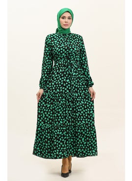 Sefa Merve Floral Patterned Buttoned Viscose Dress 0333-04 Black Green  - Image 1