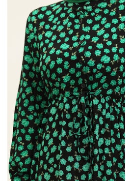Sefa Merve Floral Patterned Buttoned Viscose Dress 0333-04 Black Green  - Image 4