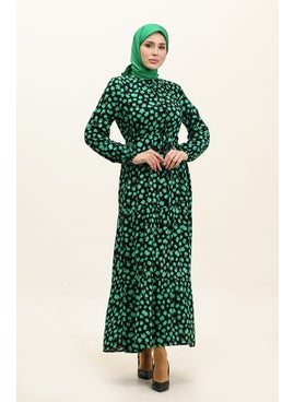 Sefa Merve Floral Patterned Buttoned Viscose Dress 0333-04 Black Green  - Image 2