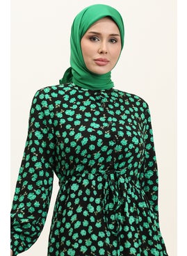 Sefa Merve Floral Patterned Buttoned Viscose Dress 0333-04 Black Green  - Image 3