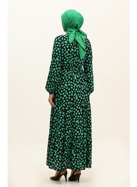 Sefa Merve Floral Patterned Buttoned Viscose Dress 0333-04 Black Green  - Image 5