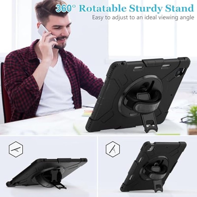 Case for iPad Pro 12.9 2022 6th Generation/2021 5th Gen: Military Grade Silicone Protective Cover for iPad 12.9 2020 Inch 4th Gen W/Pencil Holder - Stand - Handle - Shoulder Strap Black - Image 3