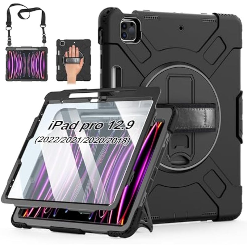 Case for iPad Pro 12.9 2022 6th Generation/2021 5th Gen: Military Grade Silicone Protective Cover for iPad 12.9 2020 Inch 4th Gen W/Pencil Holder - Stand - Handle - Shoulder Strap Black - Image 1