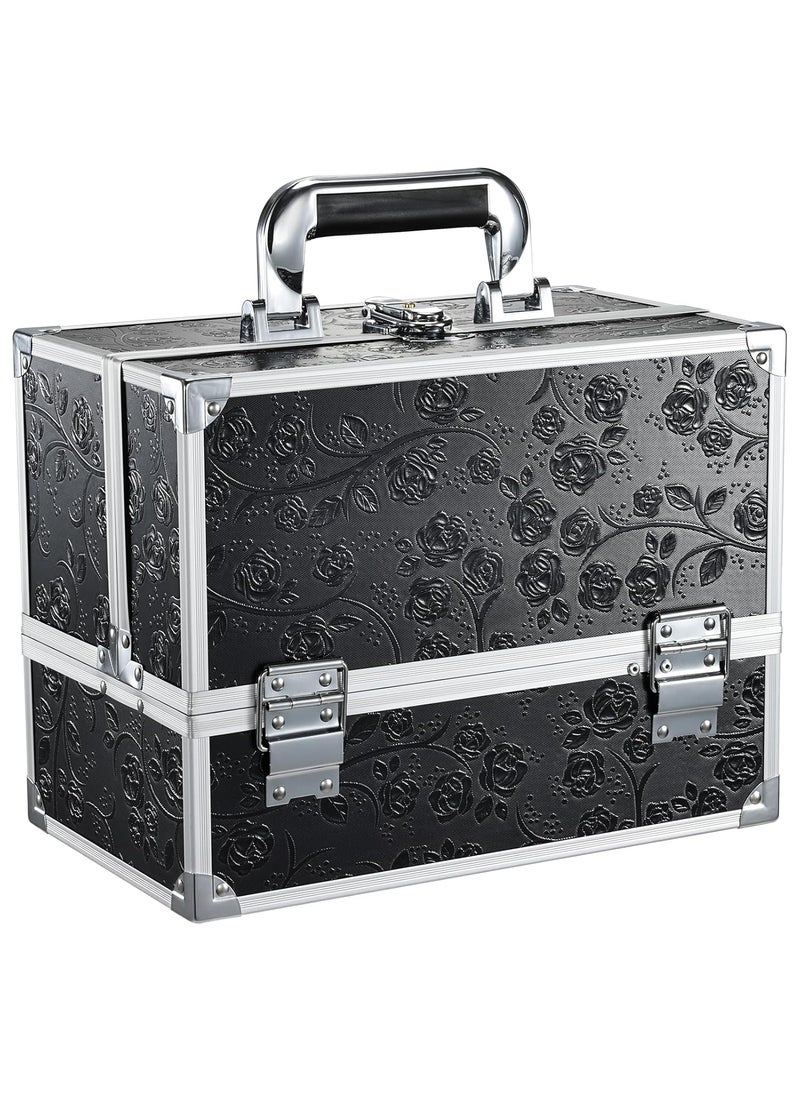 FRENESSA - FRENESSA Makeup Train Case 11.8 Inch Extra Large Makeup Organizer Case 3 Trays with Mirror Cosmetic Travel Storage Box for Makeup Artist Nail Art Tech Sewing Supplies Travel Case Black Floral - Image 1