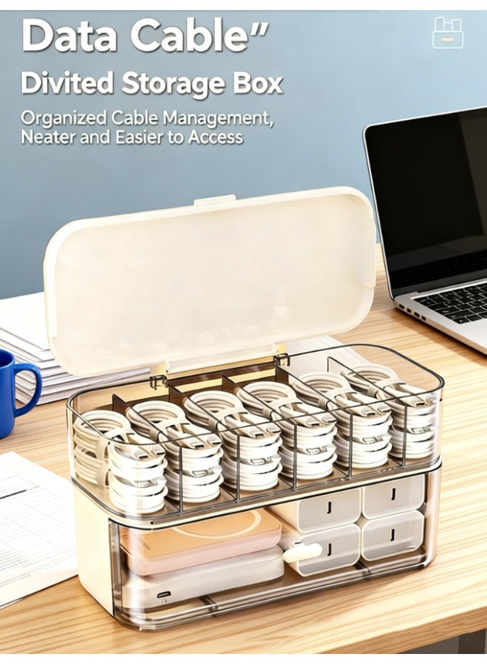 CityRiya-Long Clear Divided Data Cable Organizer Box with Cover, Dustproof Desktop Charger Cord Storage Case, Multi Compartment Wire Management Box for USB Cables Power Bank Earphone Wires (JX2411) - Image 1