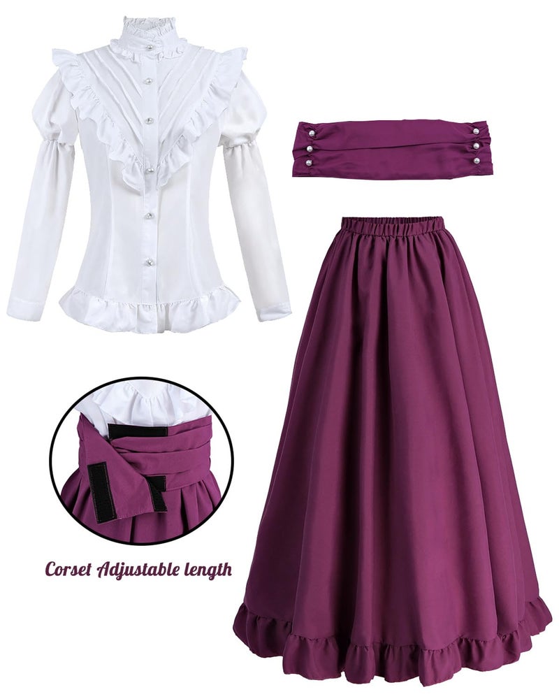 FCCAM FCCAM FCCAM Victorian Dress for Women 2-Pieces 1800s Edwardian Dress Ball Gown Renaissance Costume Magenta XXL - Image 3
