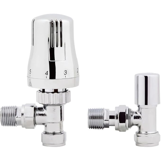 | THERMOSTATIC CHROME ANGLED TOWEL RADIATOR VALVES TRV 15MM CENTRAL HEATING TAPS RA07A - Image 1