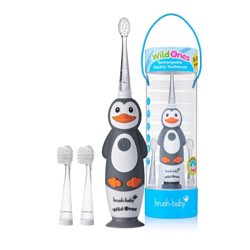 brush-baby WildOnes Kids Electric Rechargeable Toothbrush Penguin, 1 Handle, 3 Brush Heads, USB Charging Cable, for Ages 0-10 (Penguin) - Image 1