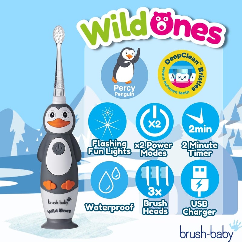brush-baby WildOnes Kids Electric Rechargeable Toothbrush Penguin, 1 Handle, 3 Brush Heads, USB Charging Cable, for Ages 0-10 (Penguin) - Image 2