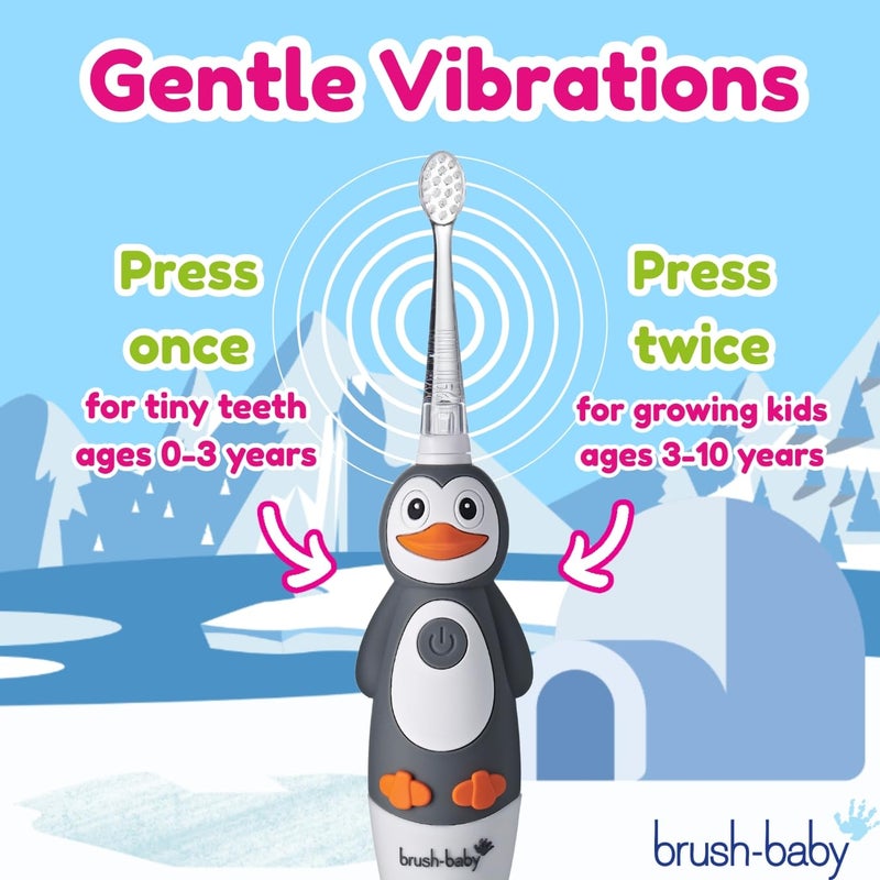 brush-baby WildOnes Kids Electric Rechargeable Toothbrush Penguin, 1 Handle, 3 Brush Heads, USB Charging Cable, for Ages 0-10 (Penguin) - Image 4