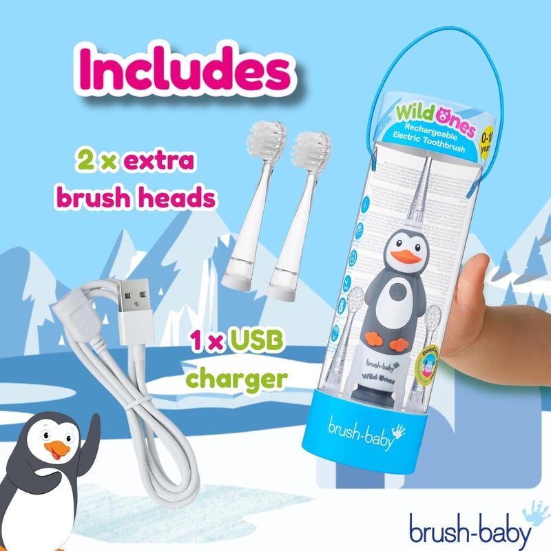 brush-baby WildOnes Kids Electric Rechargeable Toothbrush Penguin, 1 Handle, 3 Brush Heads, USB Charging Cable, for Ages 0-10 (Penguin) - Image 3