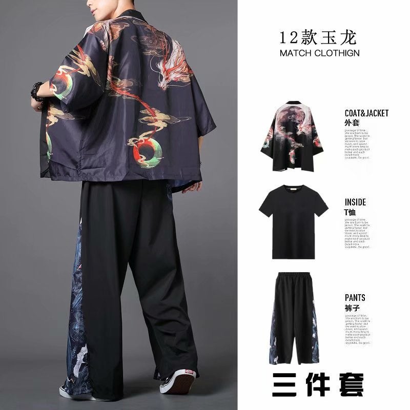 Hanfu Three-Piece Set Summer Chinese Style Robe for Men and Women Couples Fairy Style Loose Straight-Leg Wide-Leg Pants Set Class Clothes 12 Yulong black 3-piece set 