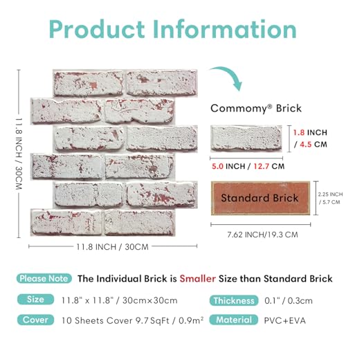Commomy Faux Brick Peel and Stick Tiles - 10 pcs of 11.8" x 11.8" Small Size Thin PVC 3D Brick Wall Panels Whitewash Brick Backsplash for Kitchen, Living Room, Fireplace, Bedroom, Interior Wall Decor - Image 5